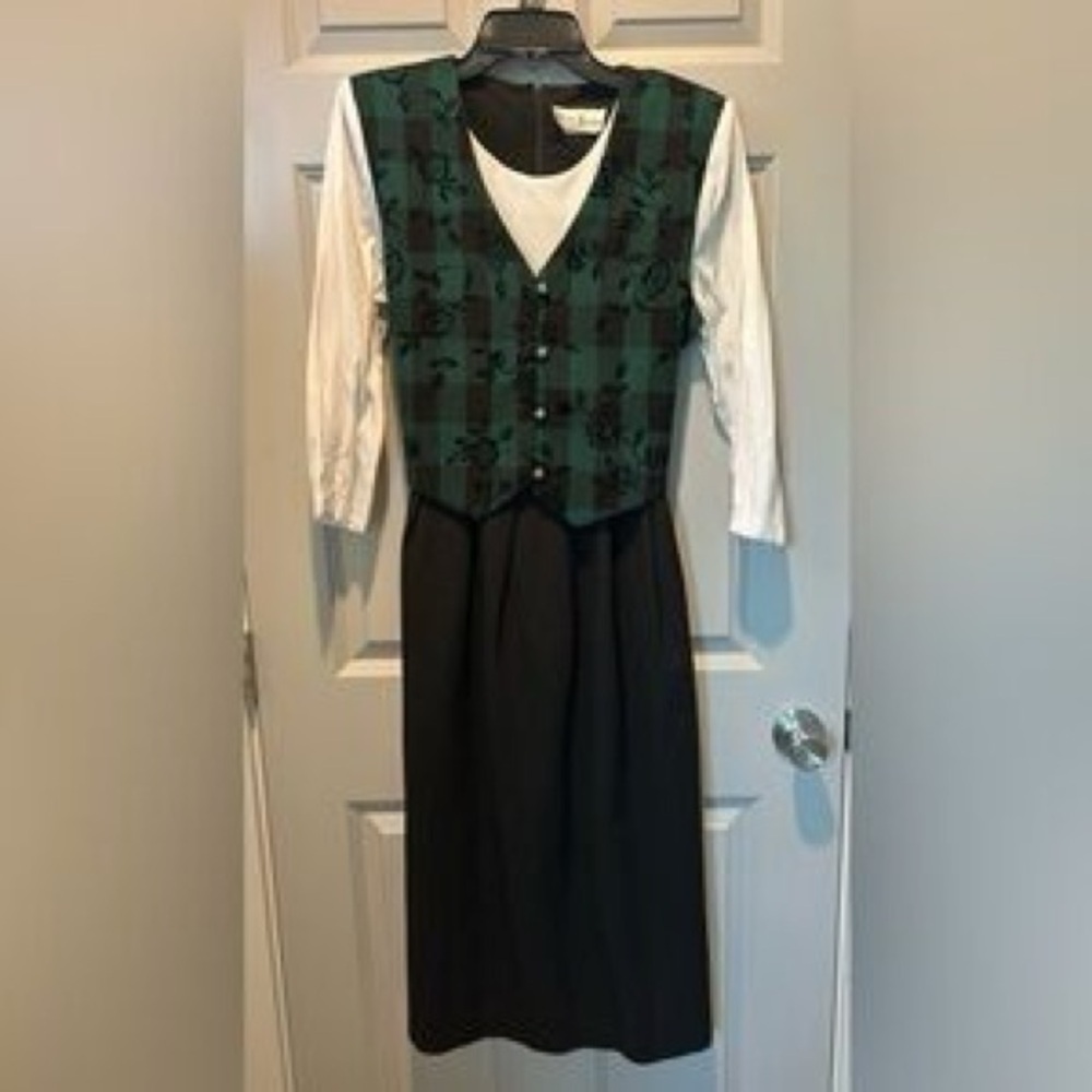 Vintage 80s Miss Dorby Oktoberfest Plaid Floral Maxi Dress Size 10 Green Gingham - Picture 13 of 14